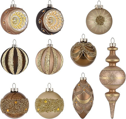Valery Madelyn Glass Christmas Ornaments Set, 10ct Bronze Copper and Gold Mercury Blown Glass Christmas Tree Ball Decorations, Luxury Xmas Hanging Teardrop Finial Faceted Reflector for Holiday Decor