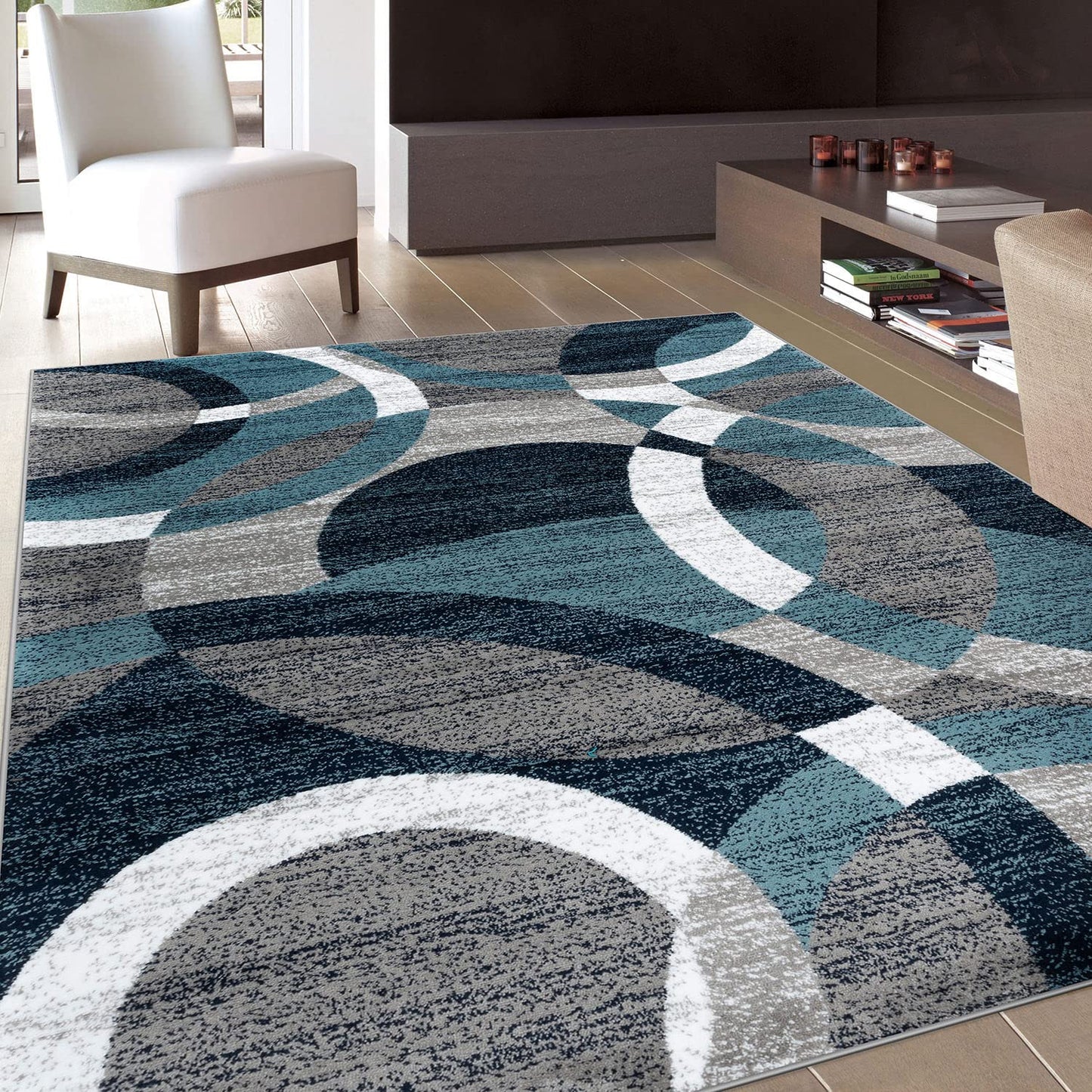 Rugshop Blue Modern Geometric Indoor Area Rug, Overlapping Circle Pattern, Fade Resistant, Non-Shedding, for Living Room, Bedroom and Home Office, 5'3" x 7'3"