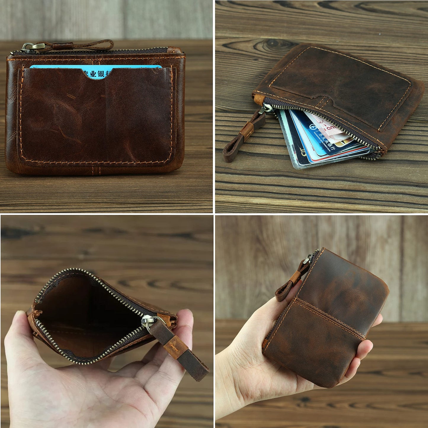 Genuine Leather Coin Purse Pouch for Women Men Vintage Cowhide Grain Leather Slim Mini Wallet Metal Zipper with Real Leather handle (Dark Brown)