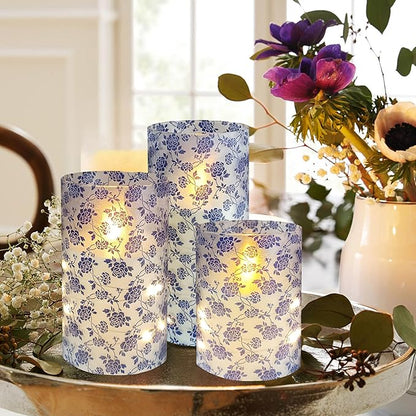 Flickering Flameless Candles Vintage Blue Floral Print, Embedded Star String Lights, Battery Operated Acrylic LED Pillar Candles with 11-Key Remote and Timer for Home Decoration, 3 Pack