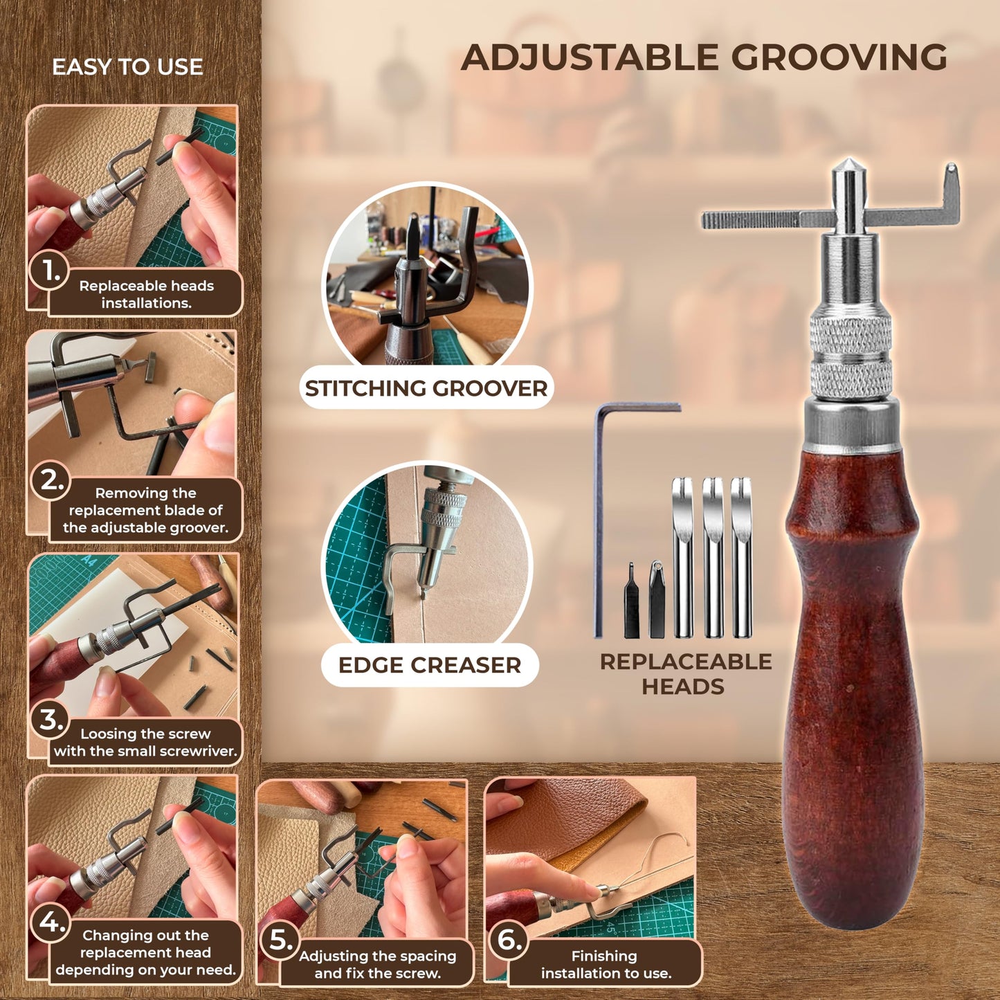 MINUS MUKYS Leather Working Kit Complete Leather Tools Set for Crafts Shoe Repair Kit Belts Includes Hole Puncher for Crafts Sewing Tools Awl Stitching Tool Cutting Mat Ideal for Beginners