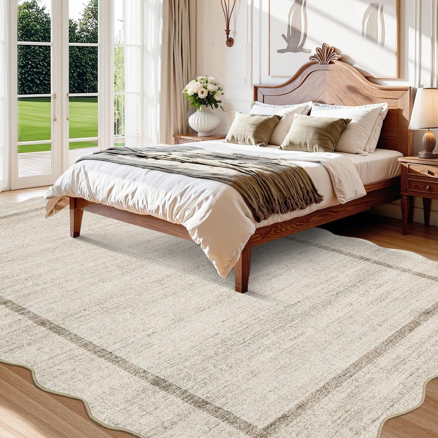 GarveeHome Scalloped Large Living Room Area Rug 8x10 - Machine Washable Modern Rugs Bordered Neutral Rug Non-Shedding Low Pile Farmhouse Carpet for Bedroom Nursery Classroom Dorm 8 ft x10 ft Beige