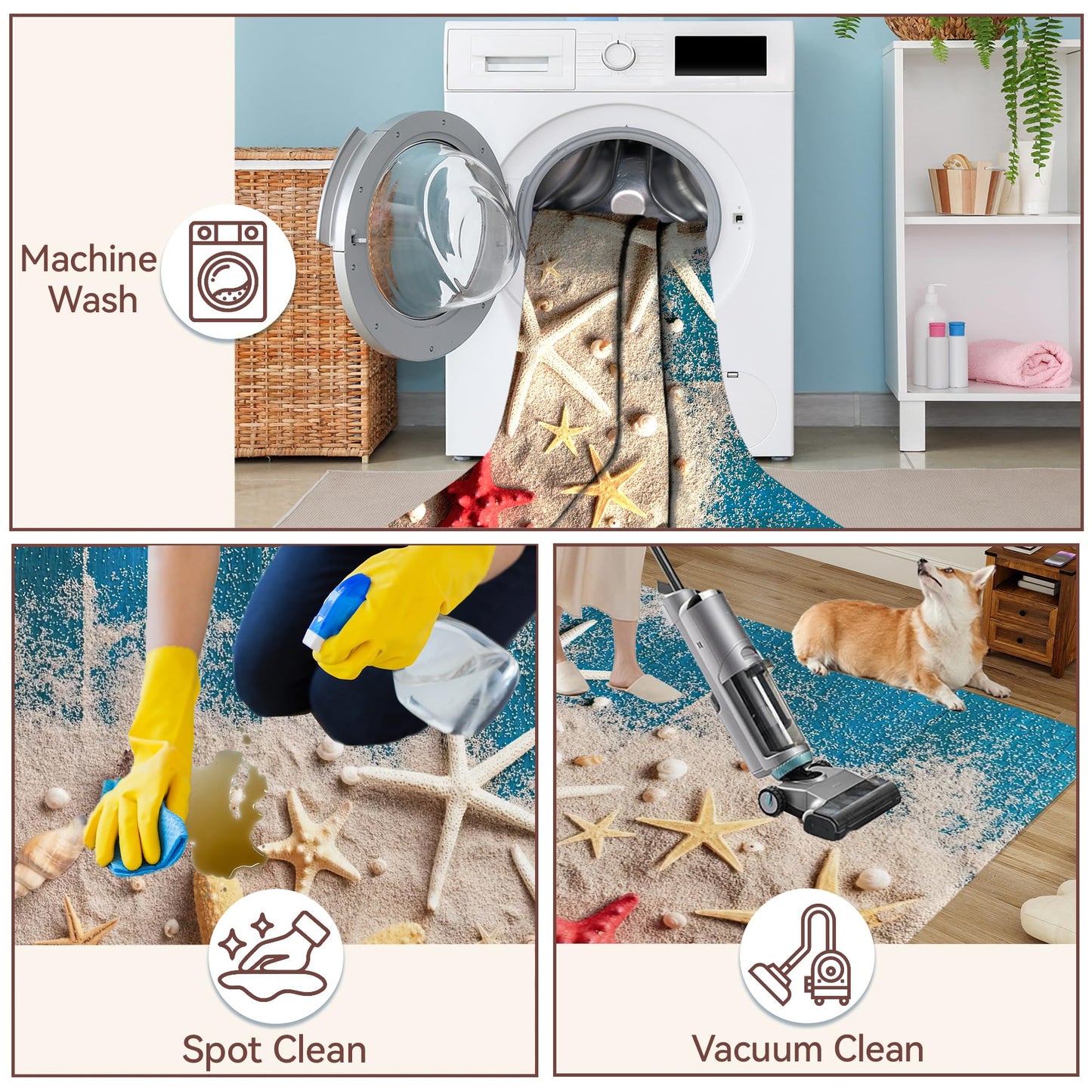 Coastal Beach Area Rugs for Living Room 5x7,Starfish Seashell Bedroom Rug Washable Non-Slip Soft Floor Big Carpets for Dining Room Nursery,Kids Home Decor Aesthetic