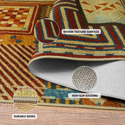 Quntue Easy Jute Front Porch Rug 3x5 Washable Farmhouse Patchwork Tan Rugs for Entryway Non Slip Southwestern Boho Indoor Outdoor Carpet for Patio, Kitchen, Bedroom, Entrance
