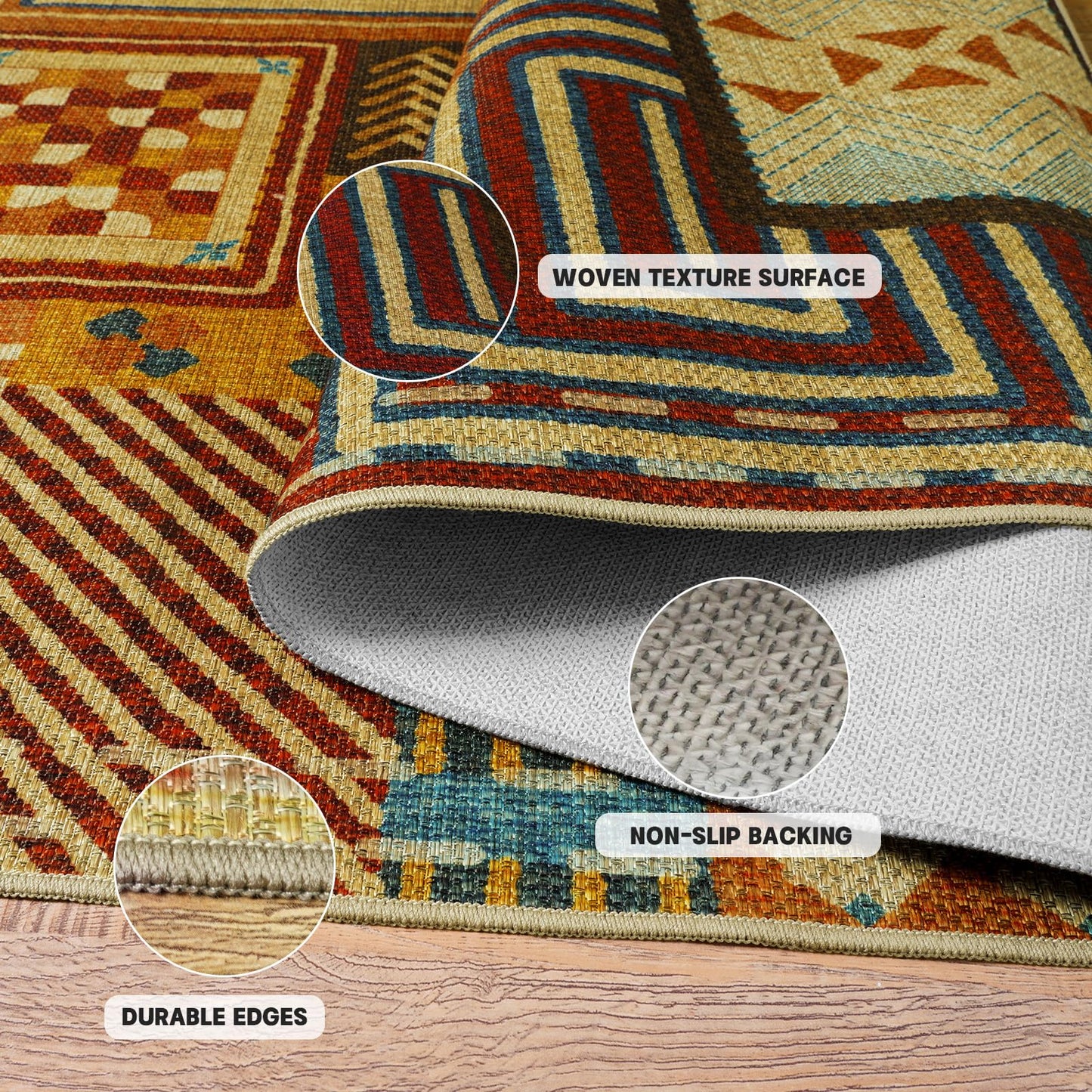 Quntue Washable Boho Easy Jute Area Rug for Living Room, 5x7 Farmhouse Patchwork Patio Rugs, Non Slip Southwestern Tan Indoor Outdoor Carpet for Balcony, Dining, Bedroom, Office, Balcony