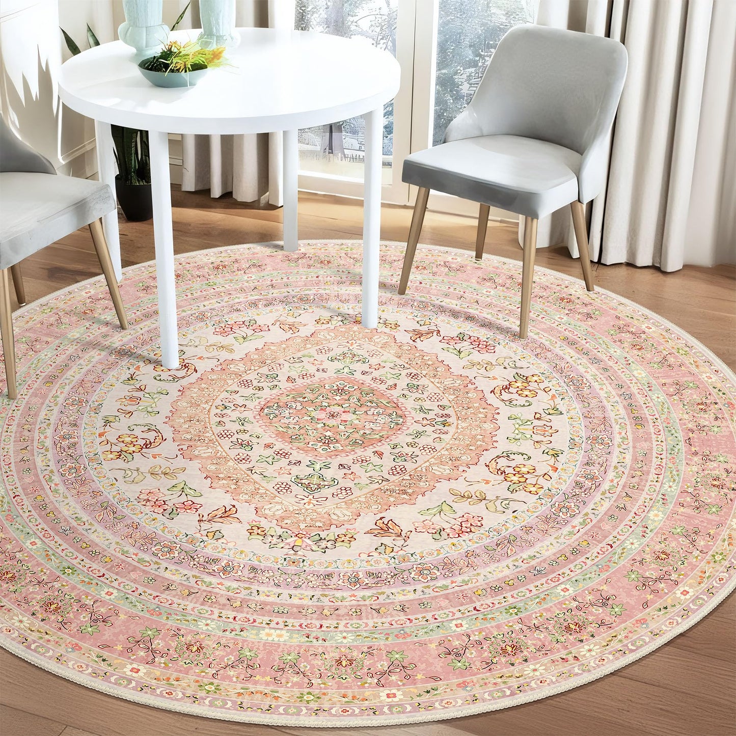 Castage Round Area Rugs 5ft Washable,Pink Rug for Living Room Bedroom