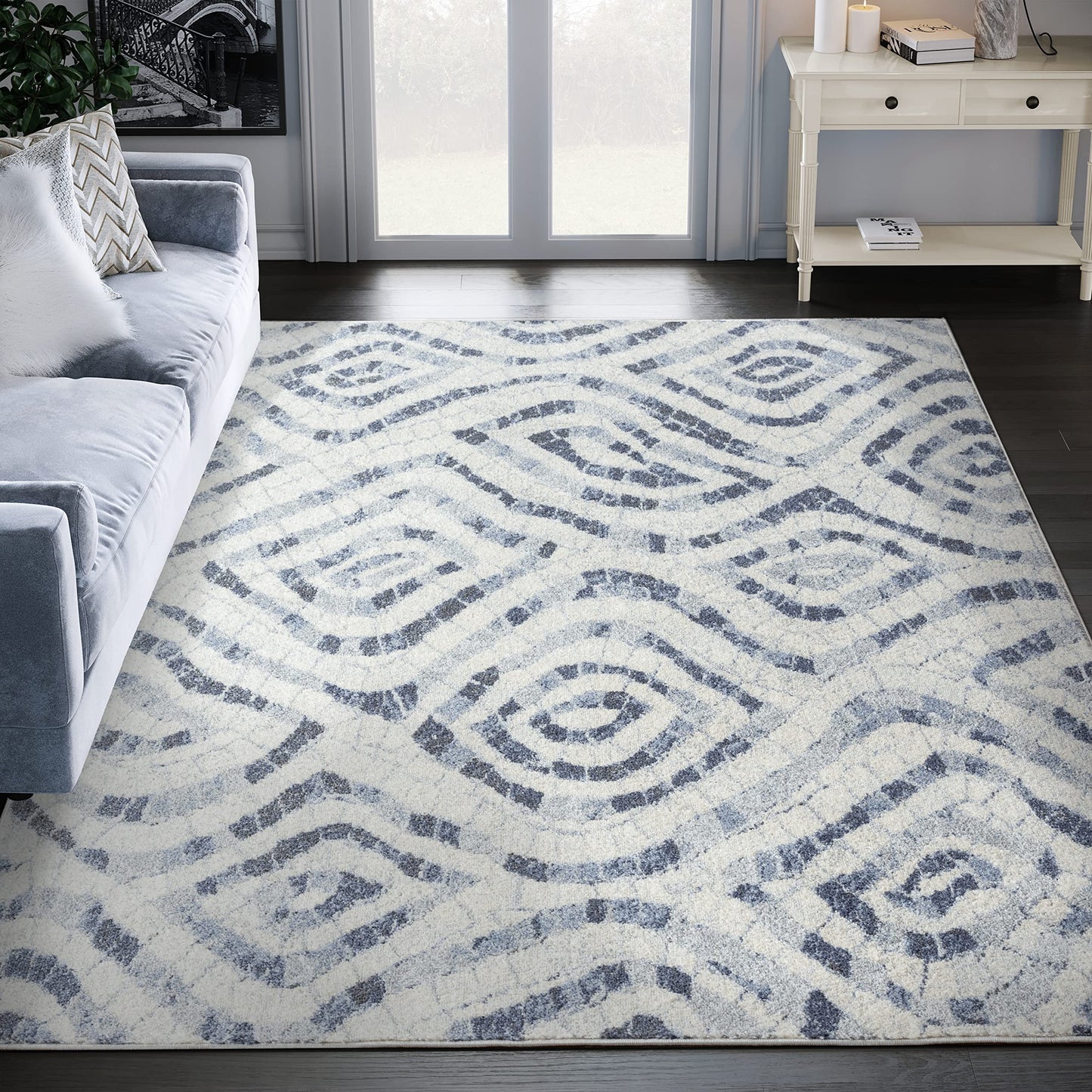 Abani Geometric Blue & Ivory Mosaic Design 4' x 6' Area Rug - No-Shed Premium Contemporary Style Bedroom Rug Rugs