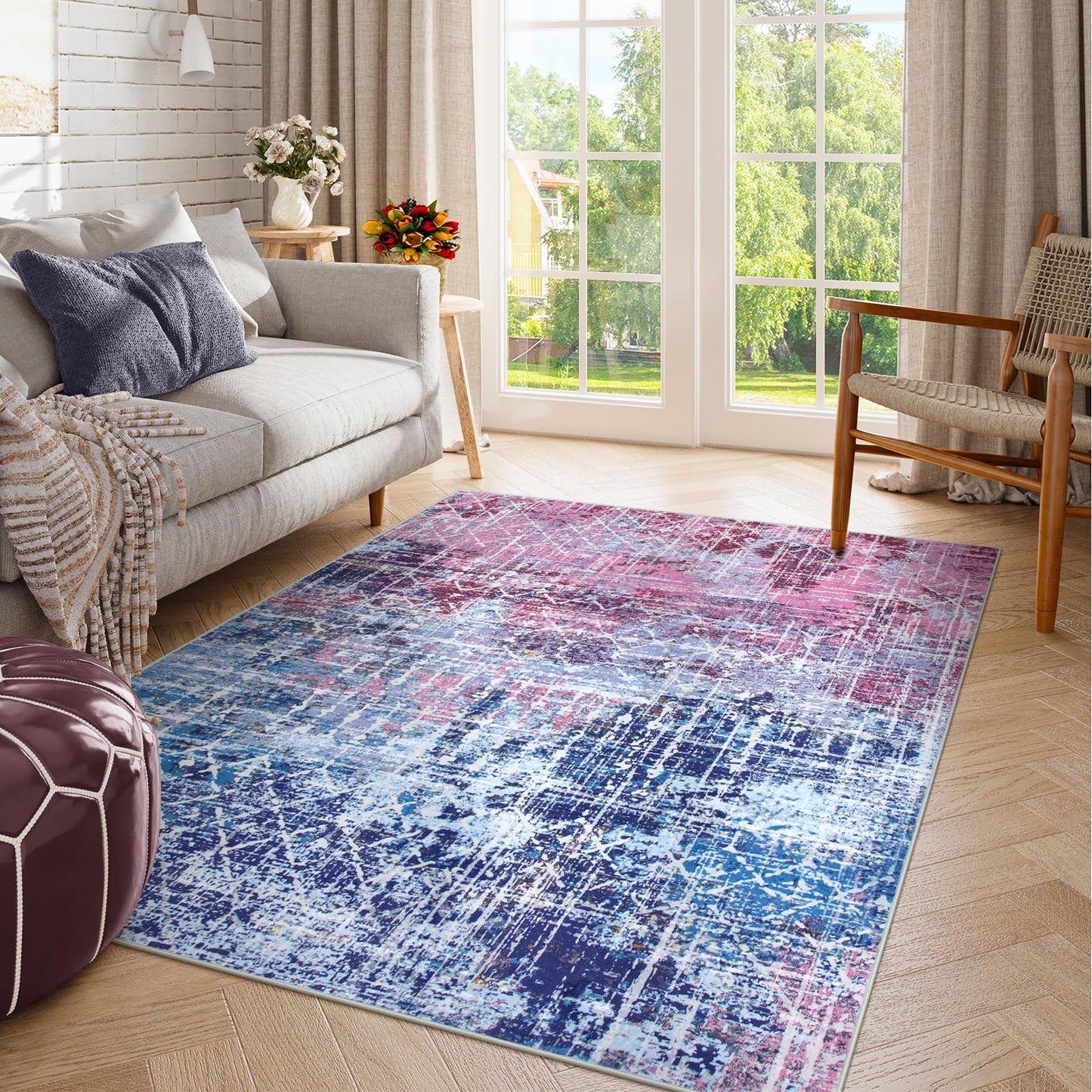 Zealude Boho Abstract Purple Pink Rugs for Bedroom Girls Kids, Washable 5x7 Preppy Colorful Area Rug for Living Dining Room, Non Slip Modern Pastel Carpet for Playroom Nursery Girls Room (5 x 7)