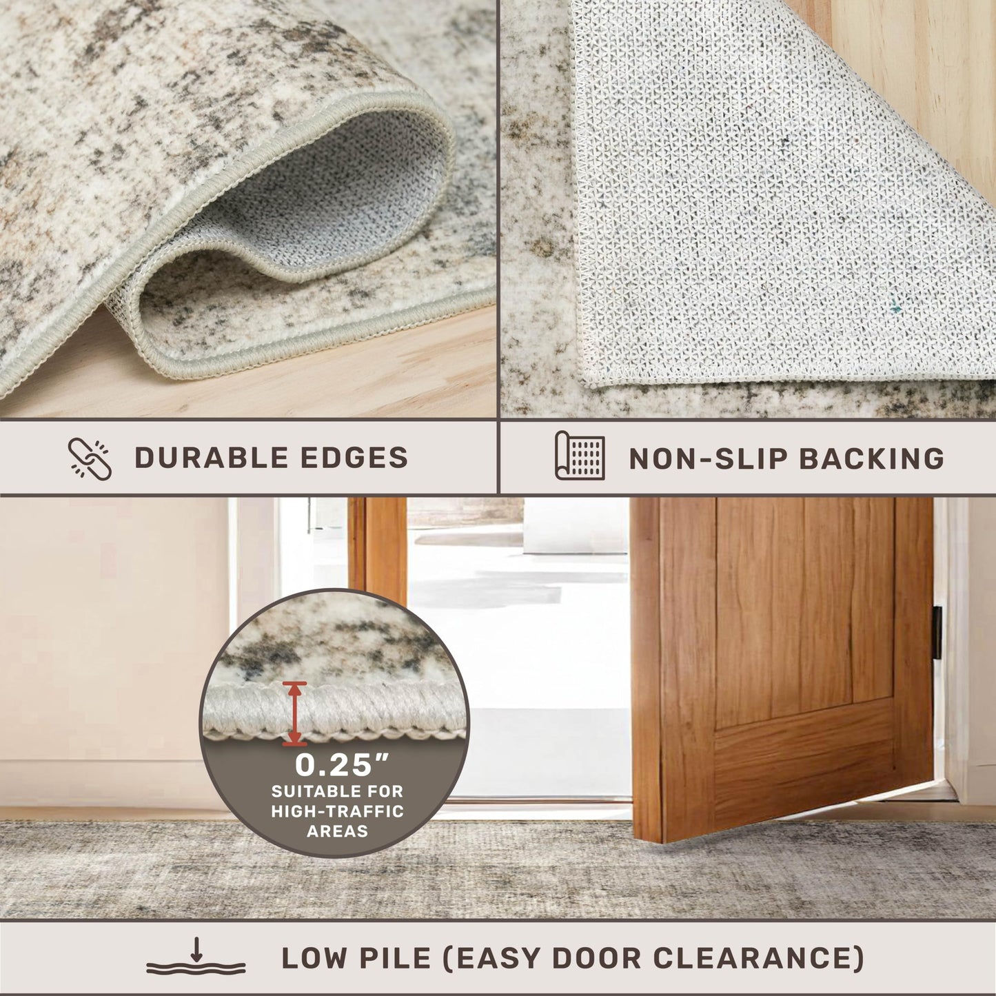 Farmhouse 8x10 Washable Area Rugs for Living Room, Neutral Taupe Brown Abstract Rug for Dining Room and Bedroom, Soft Foldable Low Pile Carpet, Stain Resistant Non-Slip Backing