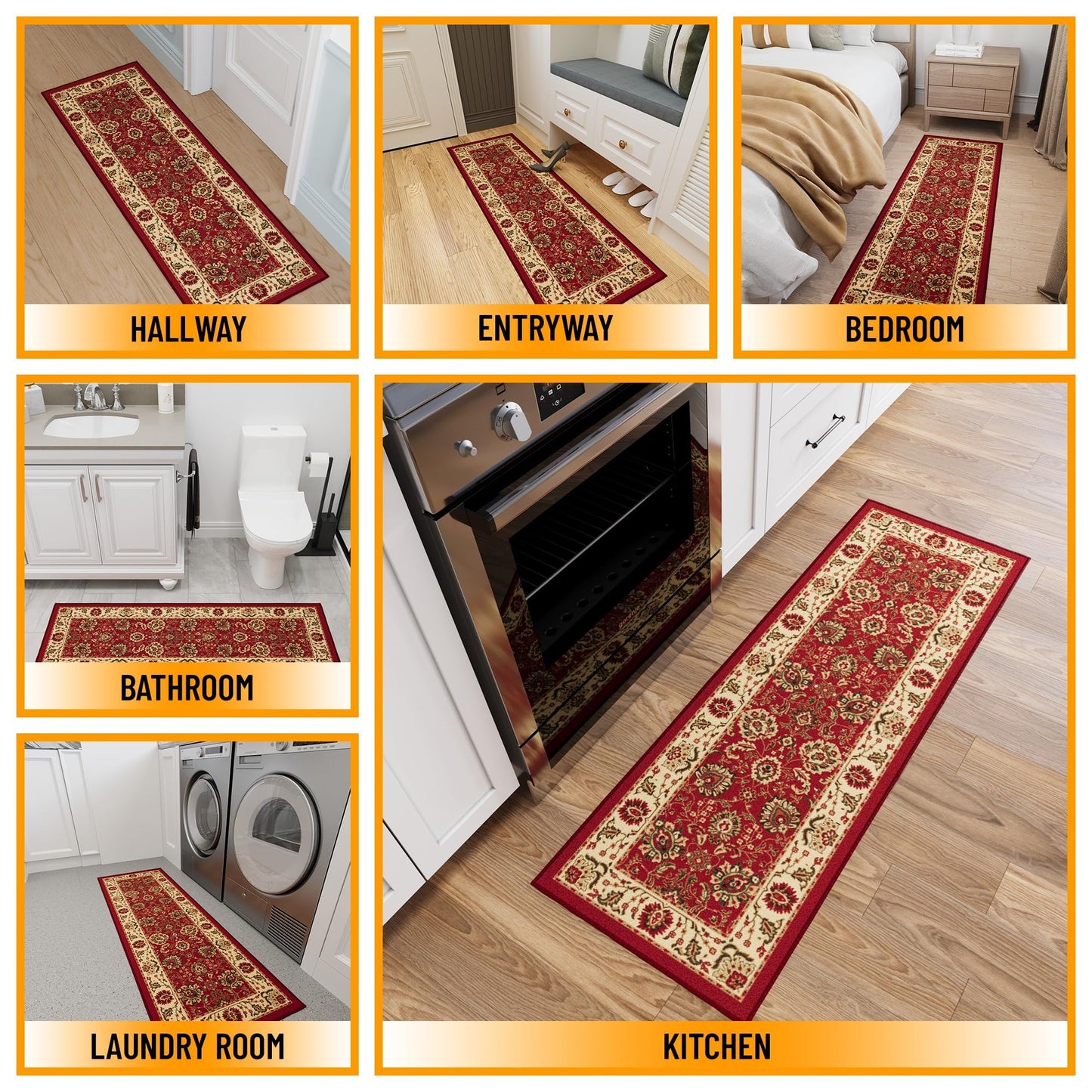 Ottomanson Hallway Runner Rug 20" x 53" Non Slip Oriental Area Rugs Easy to Clean Laundry Rug Runner Durable & Pet Friendly Floor Carpet Runners for Hallways Entryway Living Room Kitchen, Red