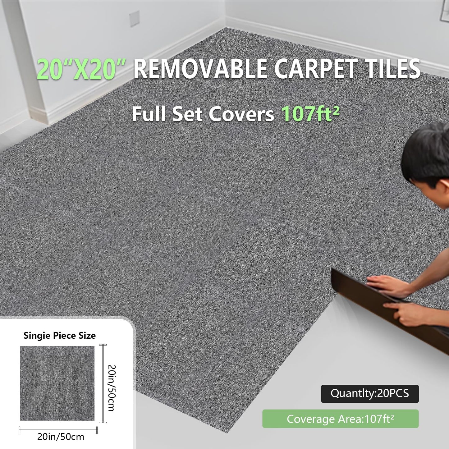 40 Tiles 20"x20" Carpet Tiles (107 sqft/Carton) - Non-Slip, Non-Adhesive, Padded Square Flooring for Home & Office - Easy DIY Installation, Seamless Look, Indoor & Outdoor Use