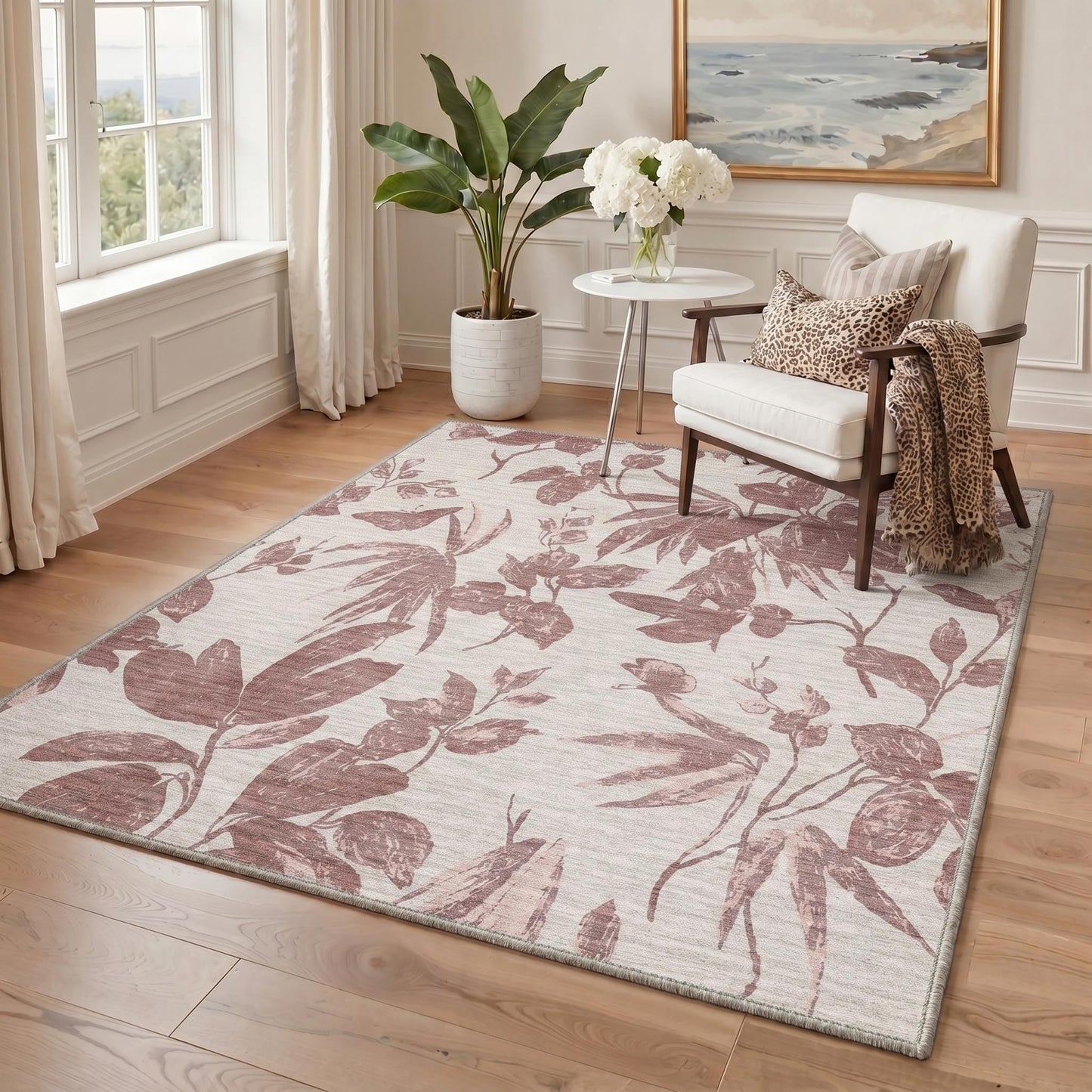 GENIMO 2X5 Hallway Runner, Machine Washable Non Slip Low Pile Soft Rugs, Modern Botanical Botanical Leaves Carpet for Entryway, Kitchen, Dusty Rose
