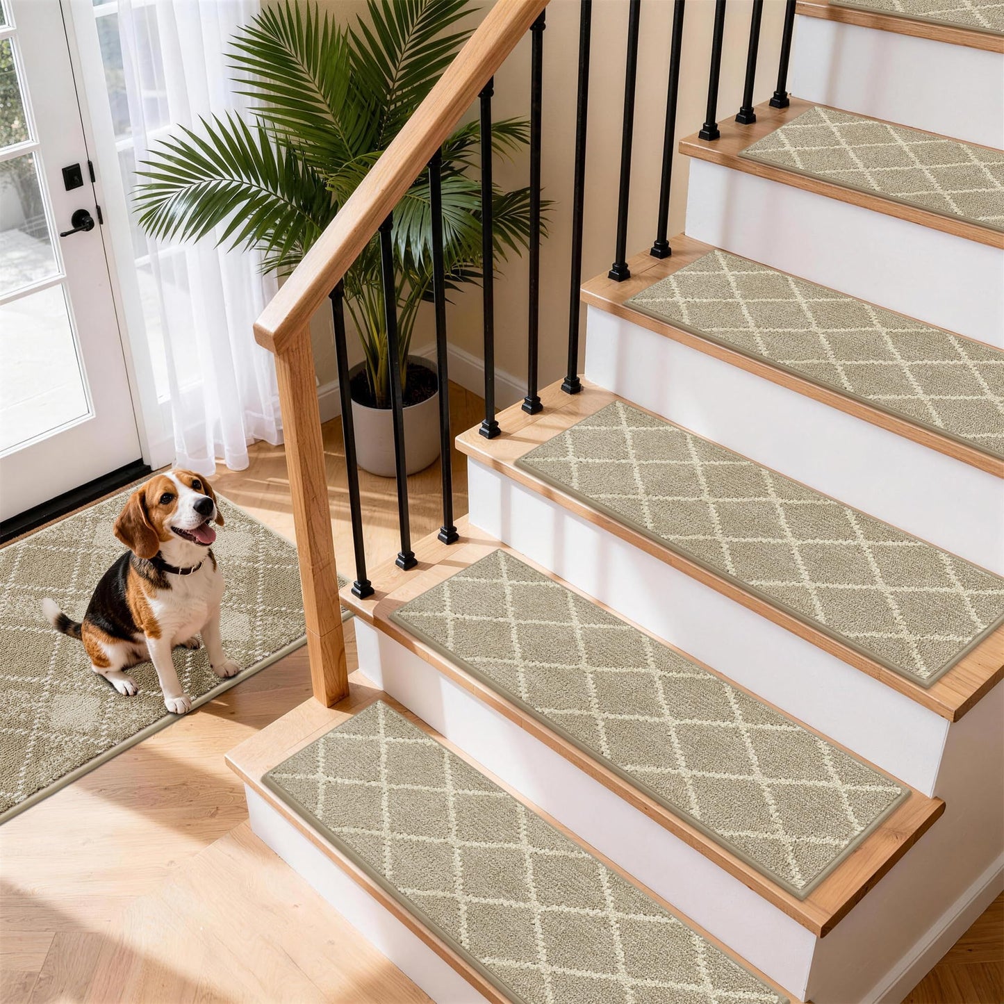 COSY HOMEER Stair Treads for Wooden Steps 9"x28", Non Slip Carpet Stair Treads, Peel and Stick Indoor Runners for Kids Elders and Dogs, 100% Polyester TPE Backing, 10pcs, Beige