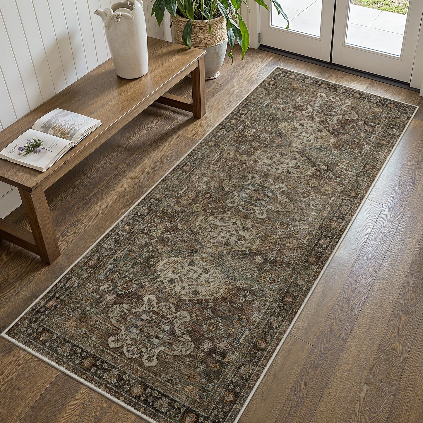 Bavni 2x5 Runner Rug, Non Slip Washable Runner Rug, Vintage Brown Hallway Rug Runner, Ultra Thin Low Pile Carpet Runner for Kitchen Bathroom Entryway Bedroom, Brown