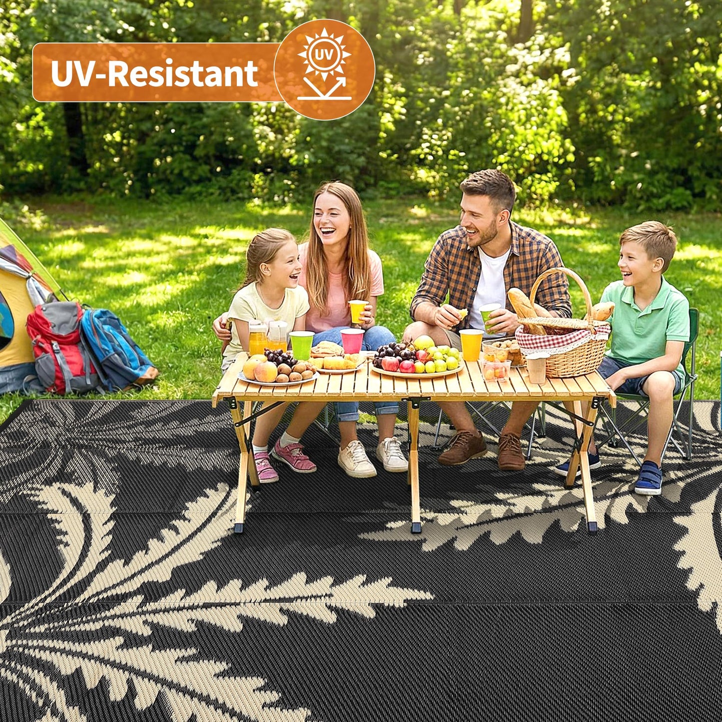 Garvee Waterproof Outdoor Rug 5x8 for Patio, Reversible Modern Area Rug, Large Plastic Straw Mat for Camping, RV, Porch, Backyard, Deck, Picnic, Beach, Black & Brown