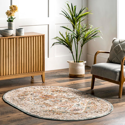 nuLOOM Performance Oriental Style Area Rug, Vintage Design, Durable, Easy to Clean, Justine Beige, Oval 4' x 6'