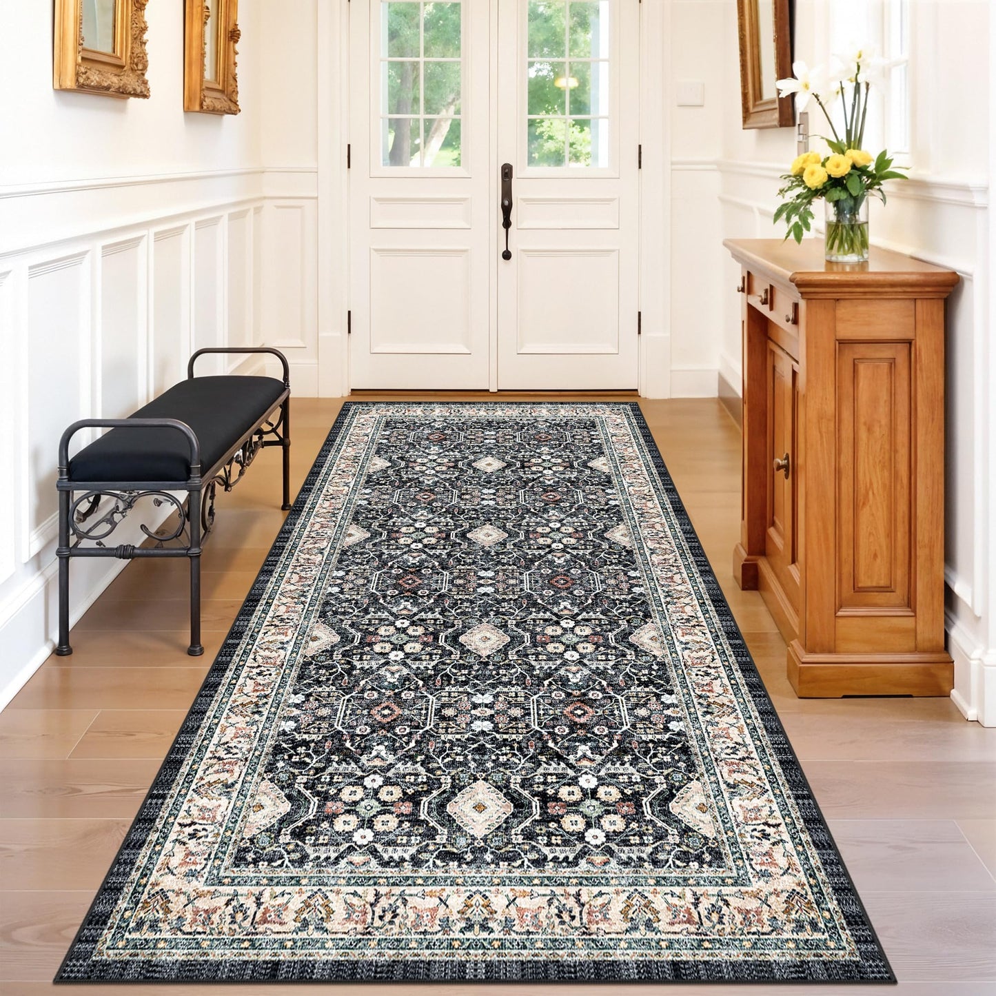 4x8 Washable Kitchen Area Rug: Farmhouse Stain-Resistant Rug for Living Room Bedroom Wide Soft Carpet for Entryway Dining Room Thin Hallway Floor Mat with Non Slip Backing Home Decor(4x8,Black Navy)