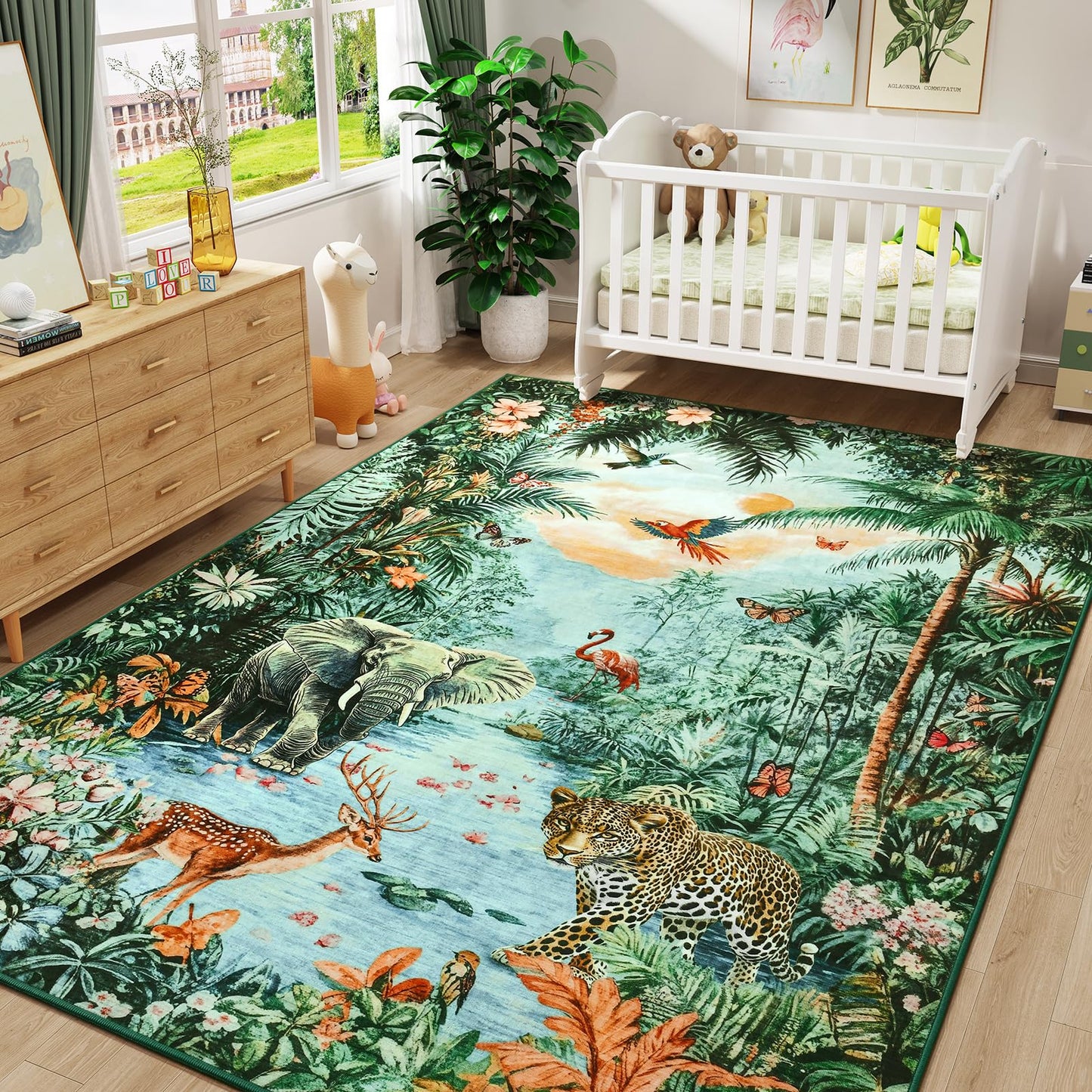 Amearea Jungle Print 5x7 Area Rug for Living Room, Washable Green Rugs for Bedroom, Forest Animal Rug Low Pile Kids Nursery Room Rug, Leopard Rugs Carpet for Boys Girls Playroom Dining Room Decor