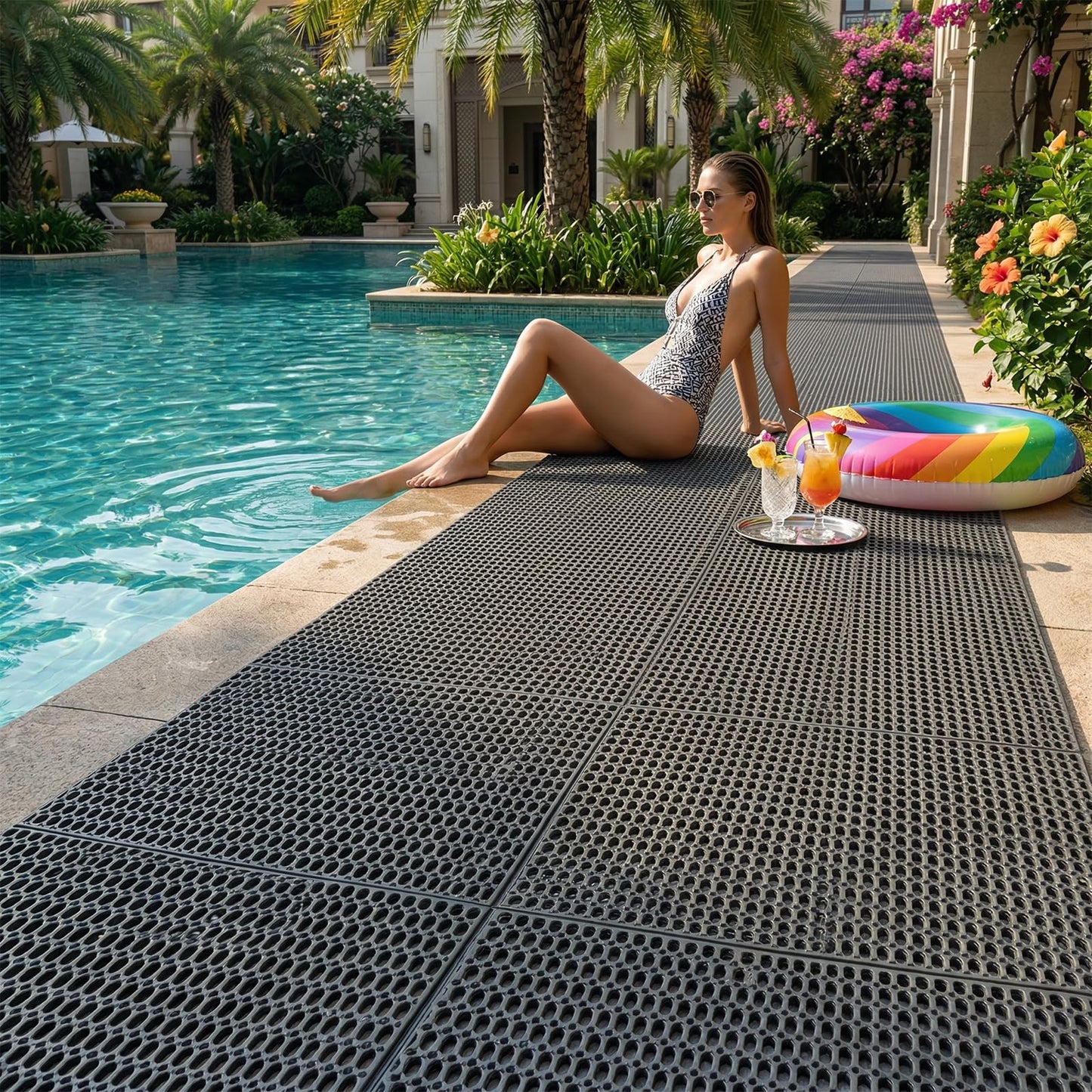 3FT*10FT Commercial Drainage Mat Non Slip Pool Mat PVC Matting Waterproof Mesh Hollow Mat for Pool Bathroom Garage Kitchen Drain Wet Area