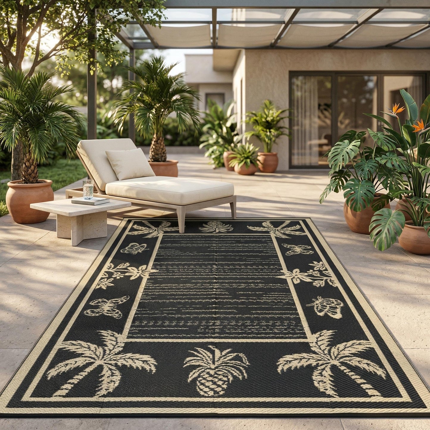 Garvee Outdoor Rug 5x8 Waterproof for Patios, Reversible Plastic Straw Rug, Tropical Leaf Indoor Outdoor Rugs, Large Area Rug for RV, Camping, Deck, Picnic Mat, Outside Carpet, Black & Brown