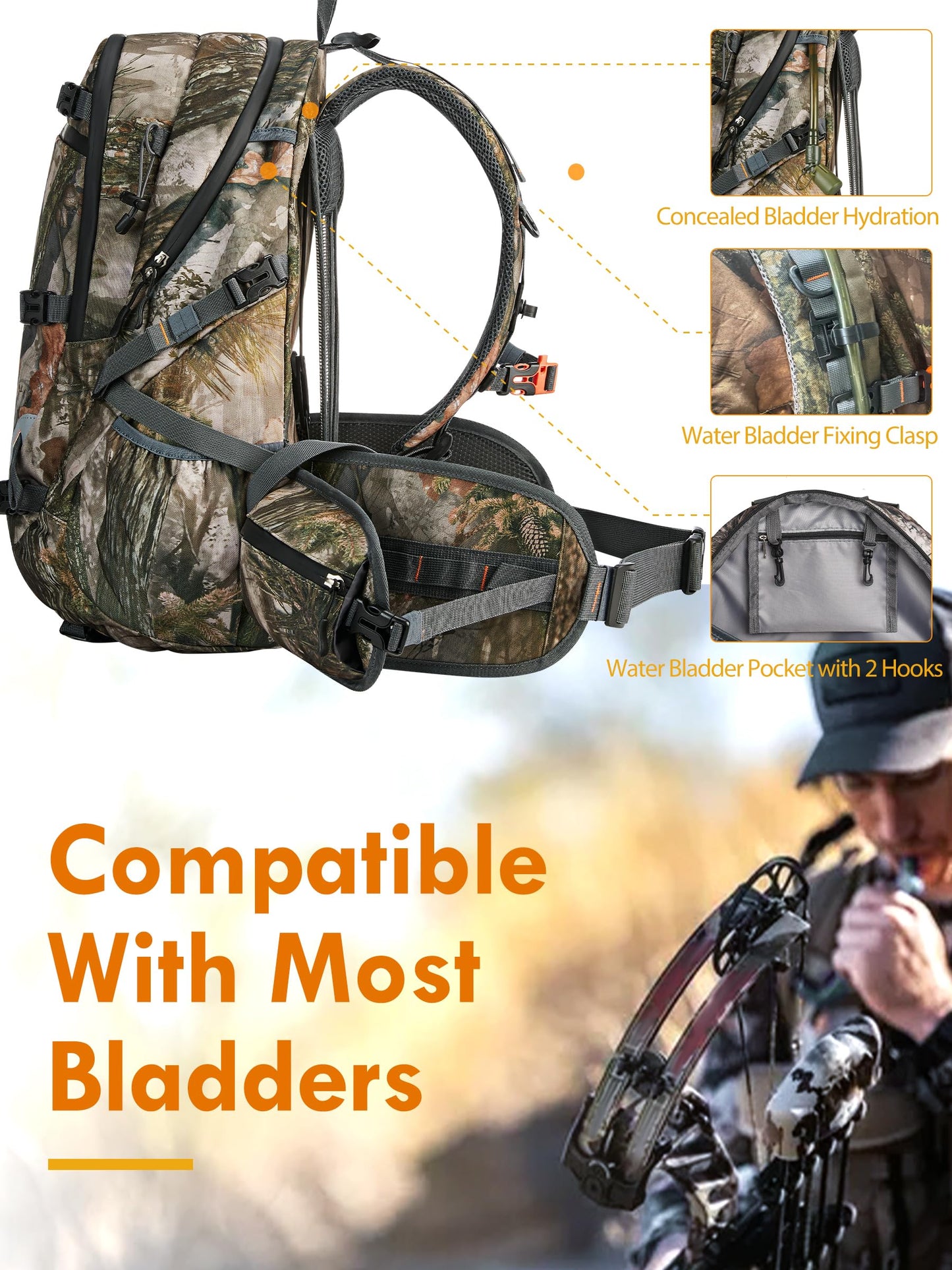 NEW VIEW Hunting Backpacks for Men 35L, Camo Backpack for Hunting with Rifle Bow Gun Holder, Waterproof Hunting Pack with Rain Rover
