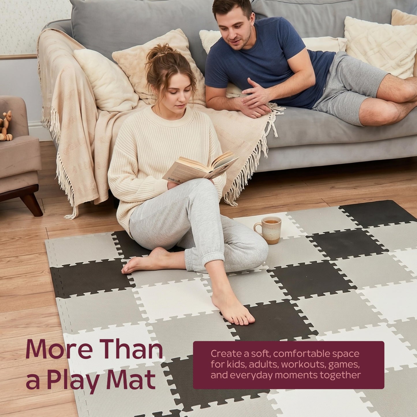 Foam Play Mat for Floor - 12 Interlocking Tiles 35x47 in, 0.6" Thick Puzzle Mat for Baby, Toddler & Home Gym, Cross-Texture EVA Foam, Edge Borders Included, Black White Gray