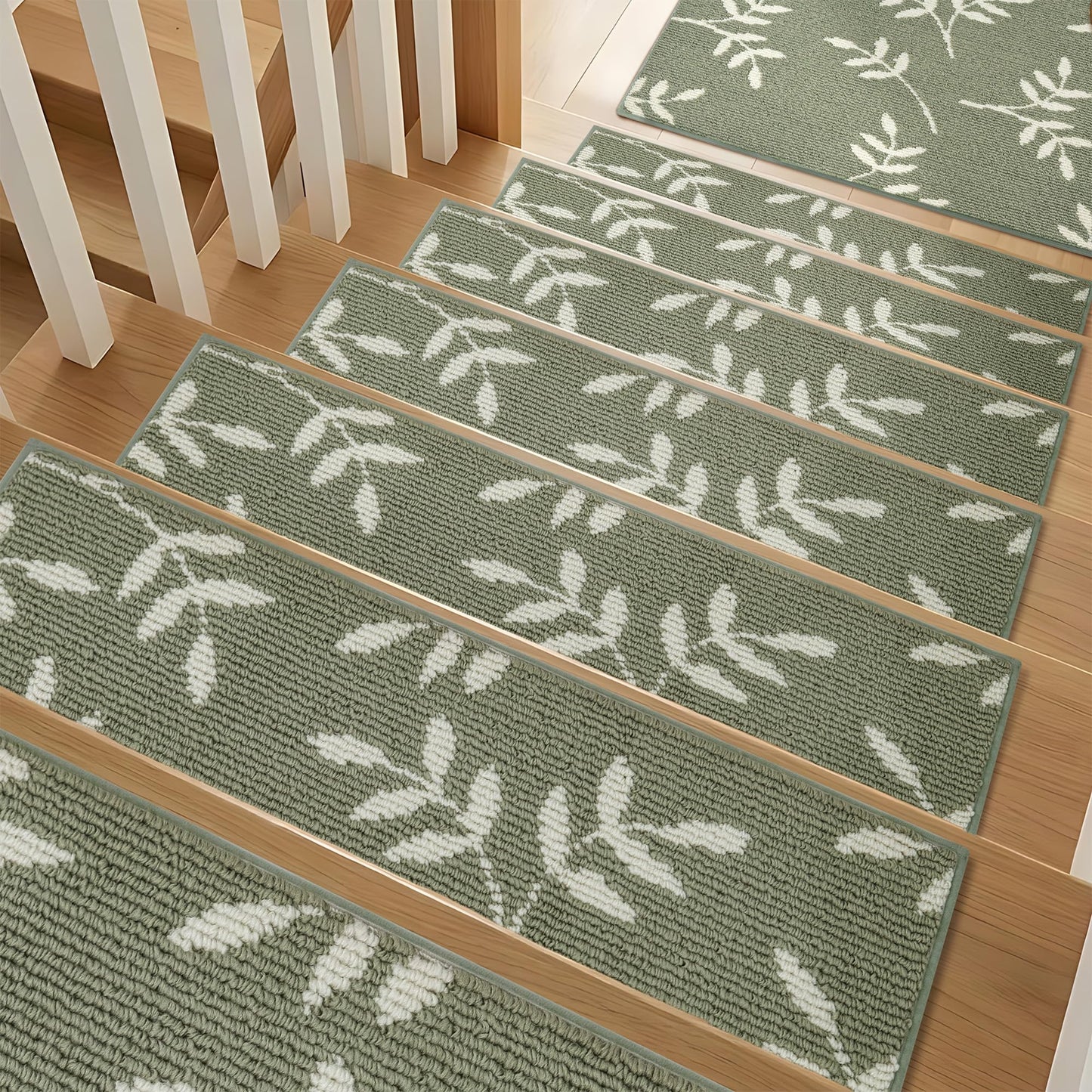 TANVILL Carpet Stair Treads, Non-Slip Stair Treads for Wooden Steps Indoor, 30”x8” Stair Runner for Pets Non Skid Wood Staircase Step Treads Reusable, Set of 15, Green
