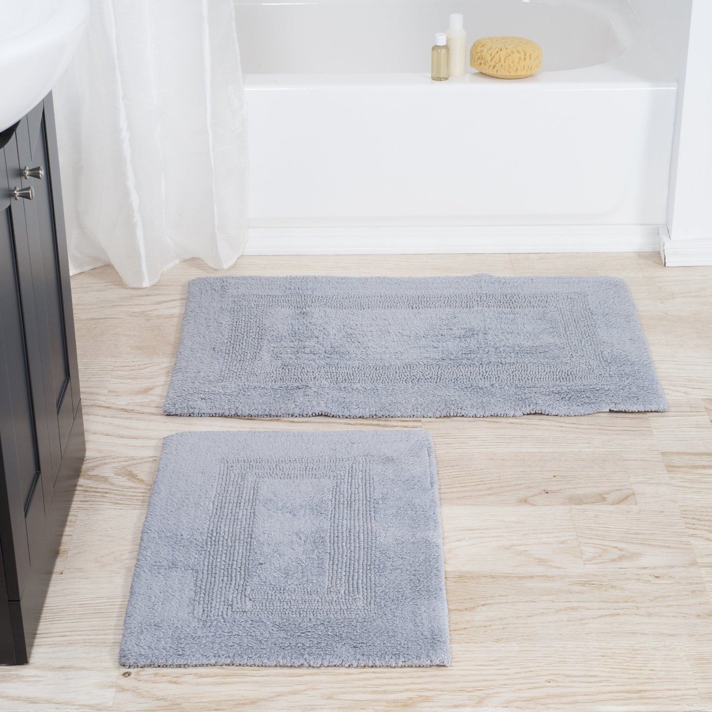 Cotton Bath Mat Set- 2 Piece 100 Percent Cotton Mats- Reversible, Soft, Absorbent and Machine Washable Bathroom Rugs By Lavish Home (Silver)