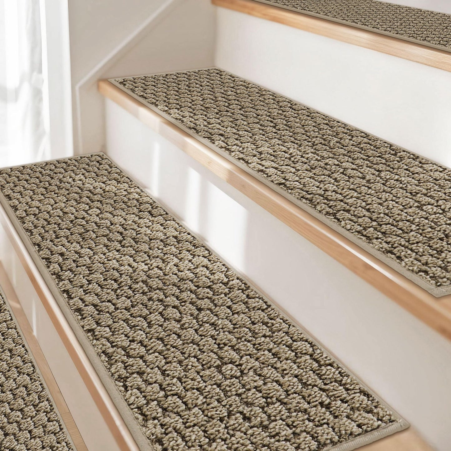 JSEI Stair Treads for Wooden Steps, 14 Pack 9" X 28" Non-Slip Machine Washable Carpet Stair Treads with TPE Backing, Soft Indoor Stair Rug Runner for Kids Elders & Pets, 100% Polyester, Beige