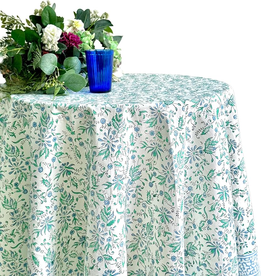 ATOSII Aster Blue 100% Cotton Round Tablecloth, Handblock Print Floral Table Cloth for Kitchen Dining Linen I Parties, Weddings, Outdoors, Easter, Spring Summer Decor I 60" Inches Round