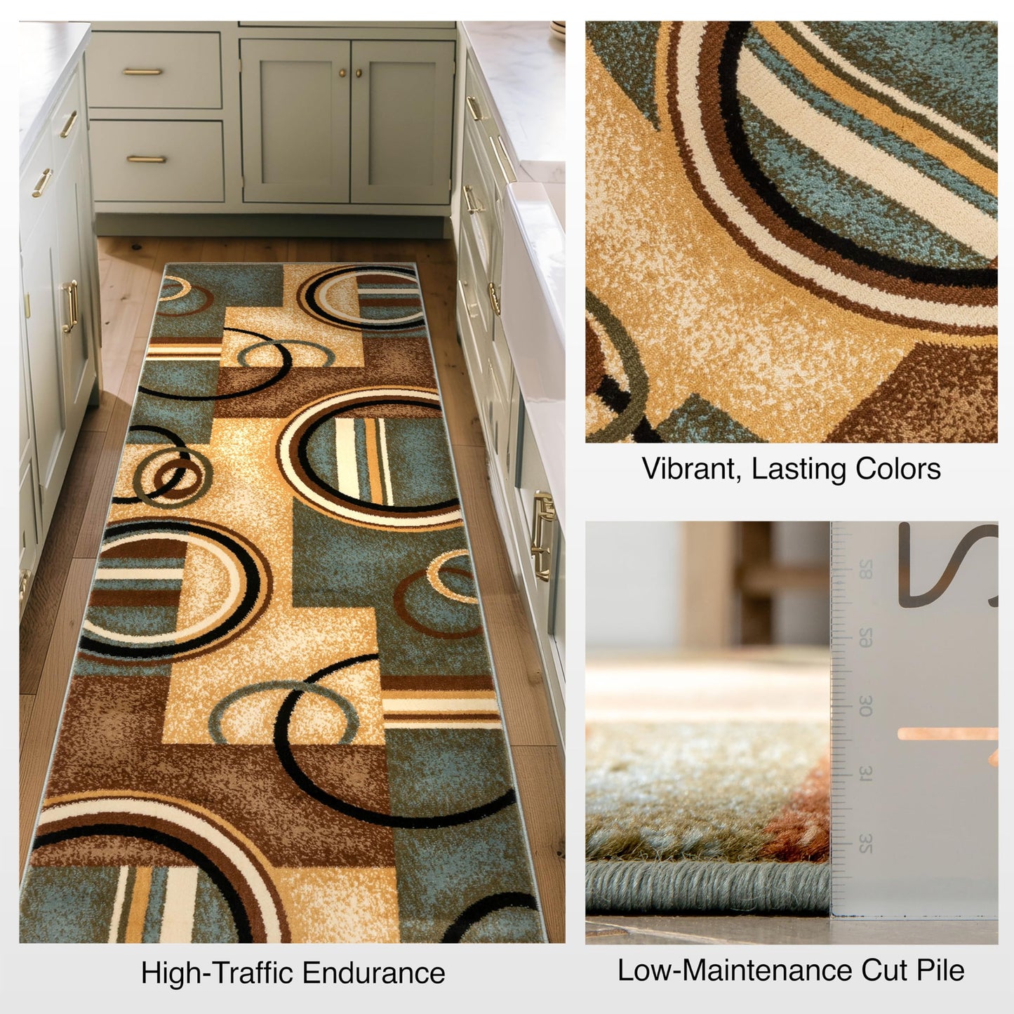 Well Woven Custom Size Hallway Stair Runner- Choose Length - Deco Rings Light Blue Geometric Modern 26 Inch Wide x 8 Feet Long Runner (26" x 8') Abstract Color Block Carpet
