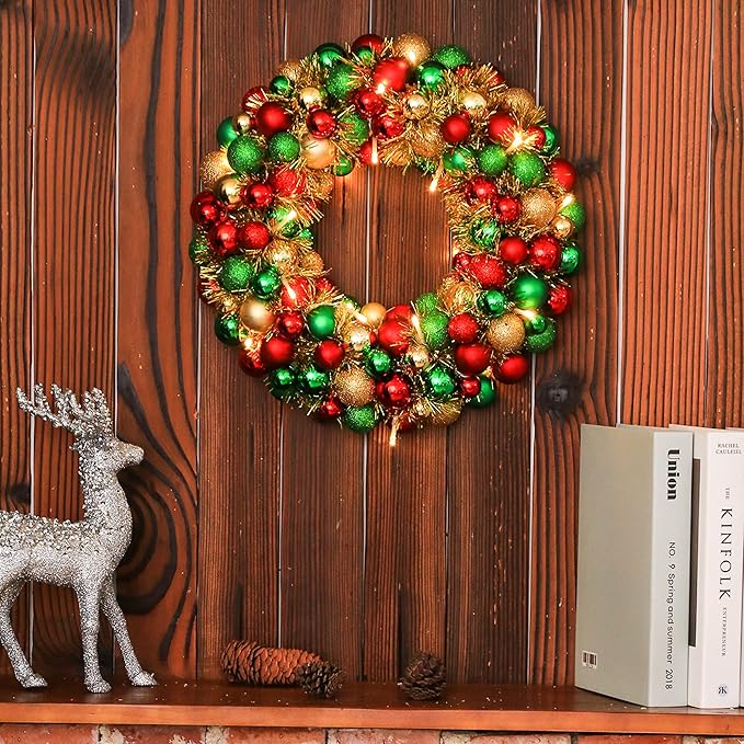 Amooca 16in Christmas Ball Wreath with LED Lights Front Door Window Decorative Hanging Ornaments Table Centerpiece Holiday Party Home Decoration Red Gold Green