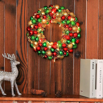 Amooca 16in Christmas Ball Wreath with LED Lights Front Door Window Decorative Hanging Ornaments Table Centerpiece Holiday Party Home Decoration Red Gold Green