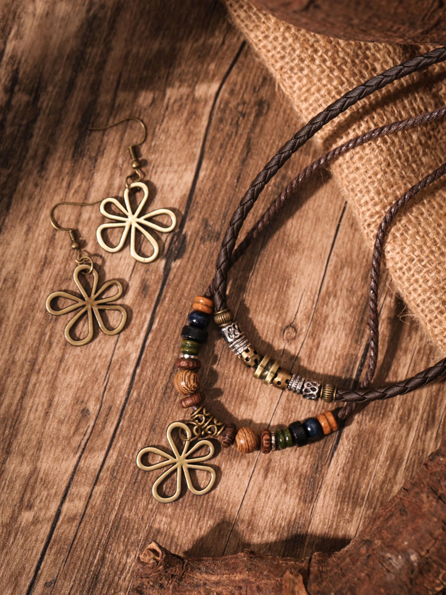 MINACHI Boho Layered Wood Bead Necklace Set – Dark Cord, Mixed Beads & Antique Brass Flower Pendant, Matching Earrings Included, Bohemian Style