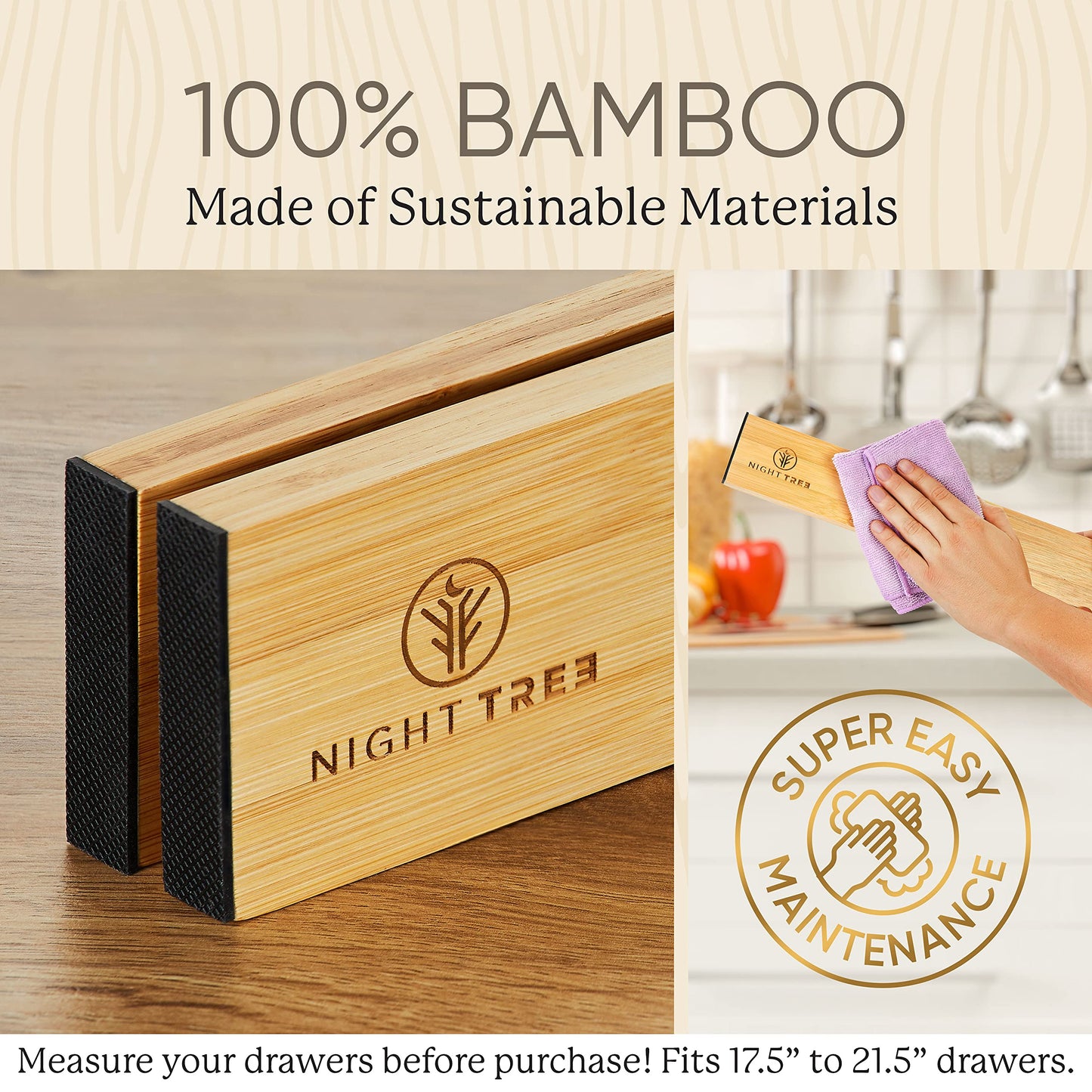 Night Tree Expandable Bamboo Drawer Dividers – drawer separators for Clothes, Kitchen Utensils, Bathroom, and Dresser Drawers (17.5" to 21.5")