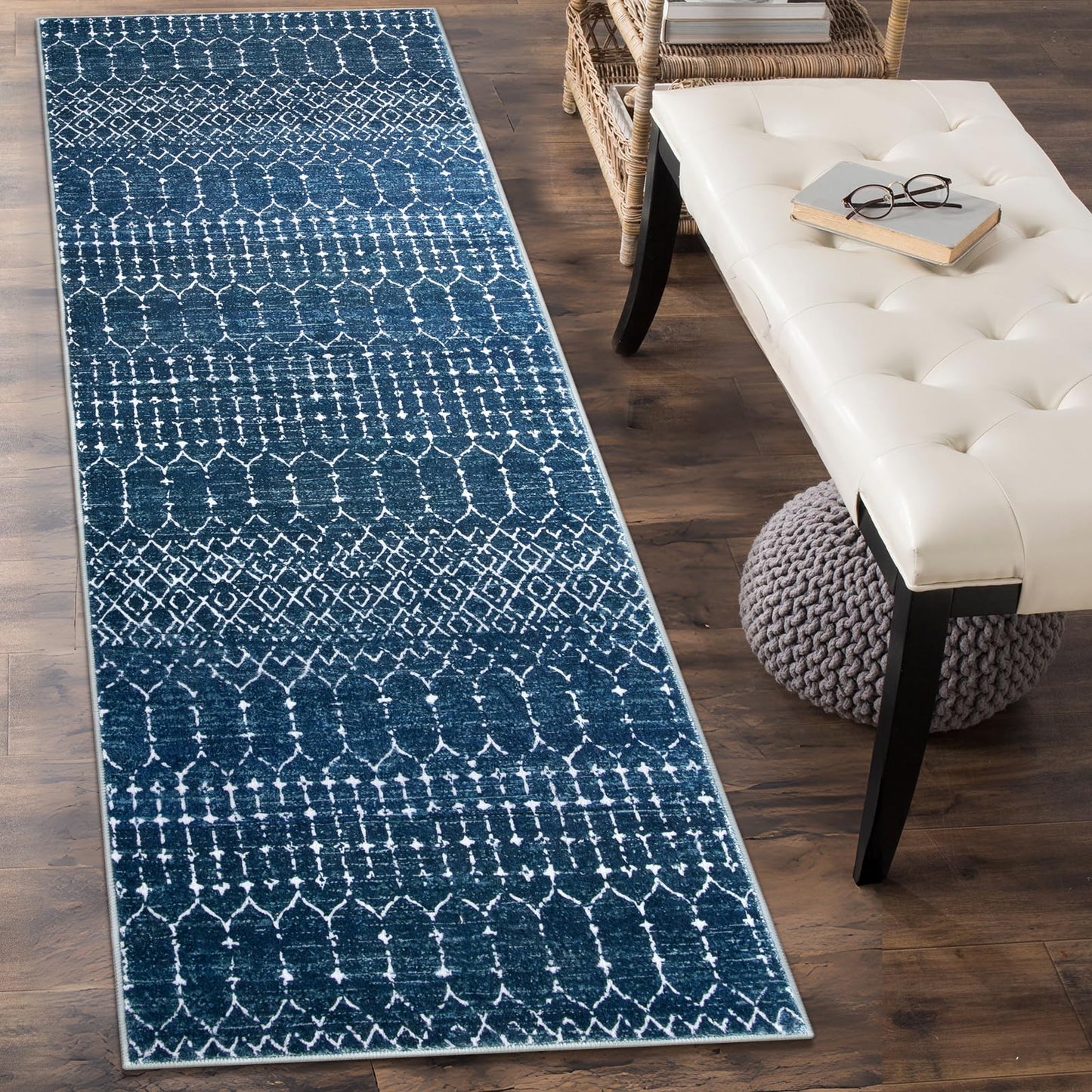 Lahome Moroccan Washable Kitchen Runner 2x8 Carpet Runners for Hallway 8Ft Low-Profile Non-Slip, Indoor Geometric Print Distressed Rug for Entryway Laundry Room Foyer Hana, Blue