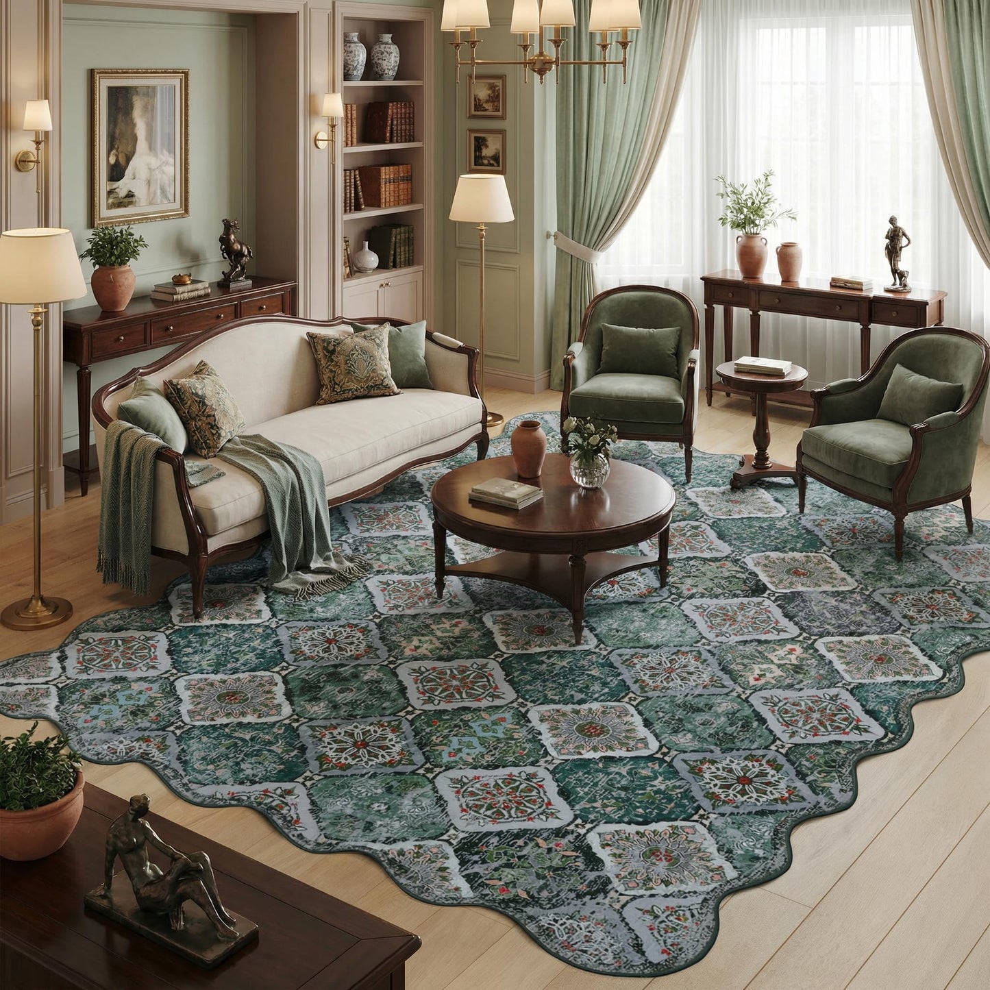 Clemile Moroccan 5x7 Area Rug, Unique Scalloped Ultra-Thin Soft Washable Rug, Non-Slip Stain Resistant Lightweight Low-Pile Carpet for Living Room Bedroom Dining Room Office (Green)