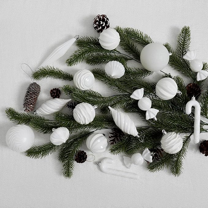 Christmas Ball Ornaments Set Shatterproof Christmas Tree Ornaments 24 PCS Painted Shaped Styles Xmas Tree for Holiday Decor,White