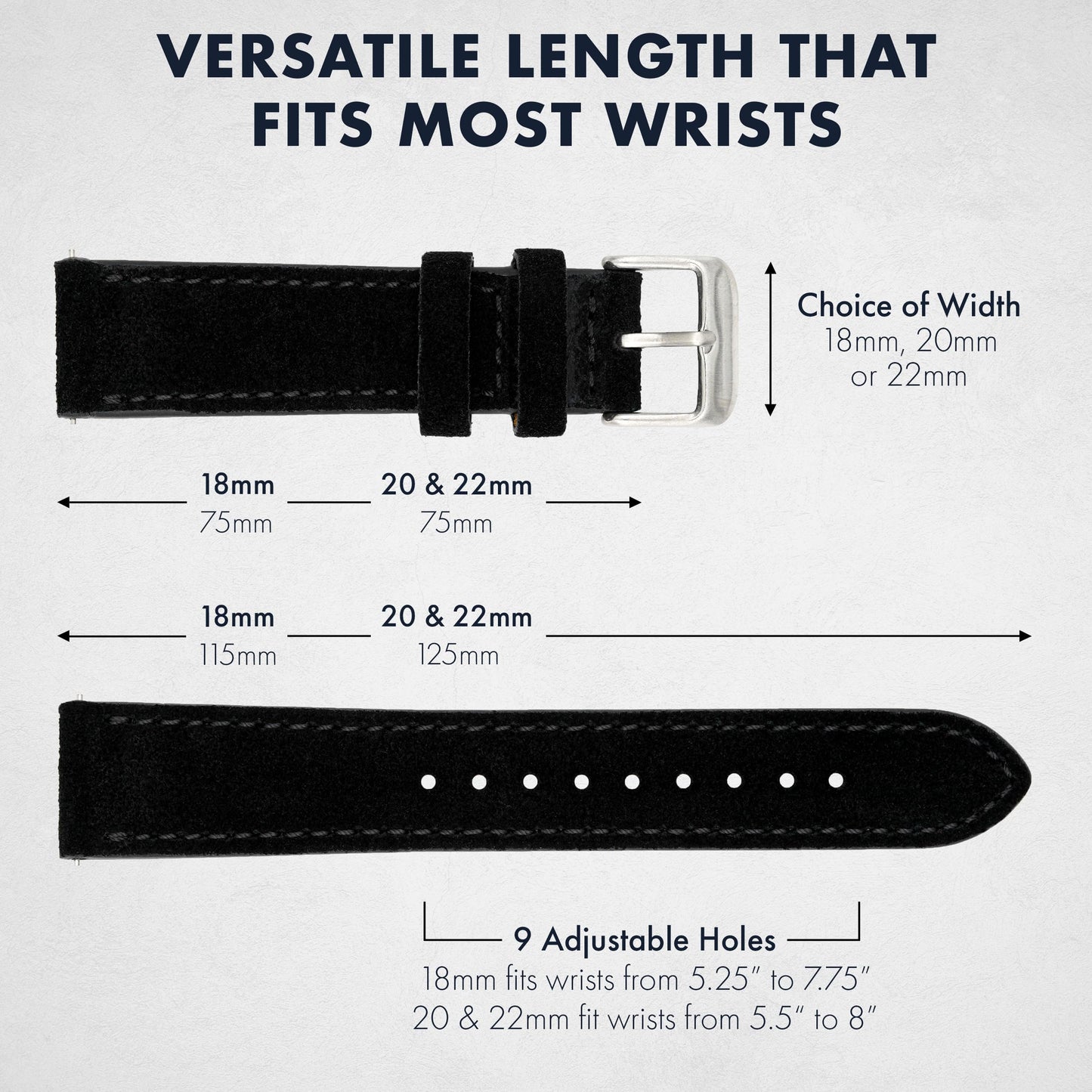 Benchmark Suede 20mm Leather Watch Band – 20mm Quick Release Watch Band with Stainless-Steel Buckle & 9 Adjustable Holes – Black Leather Watch Bands for Men & Women (20mm, Black)