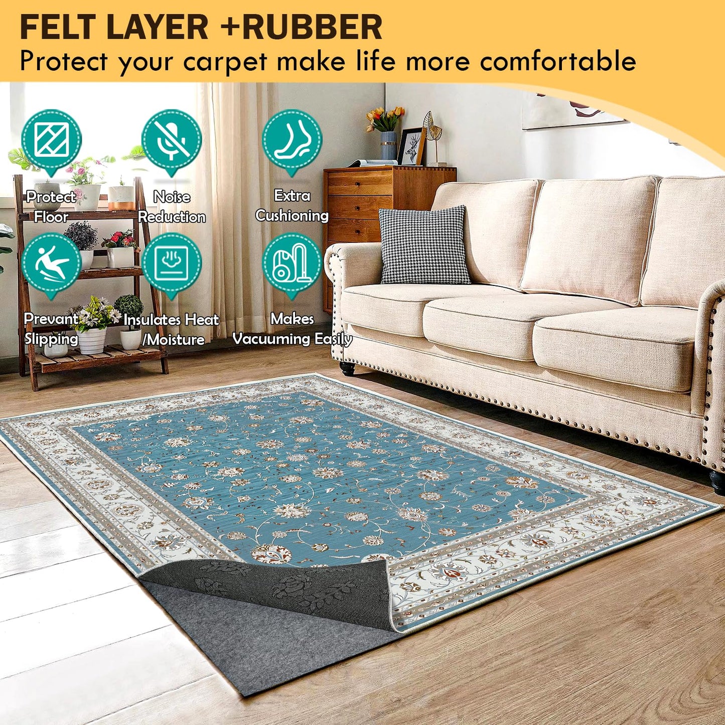Waterproof Rug Pad 9x12 Ft, Under Area Carpet Padding, Non Slip Felt Rug Pads for Hardwood Floors, Protective Underlay Keeps Rugs in Place Without Wrinkles