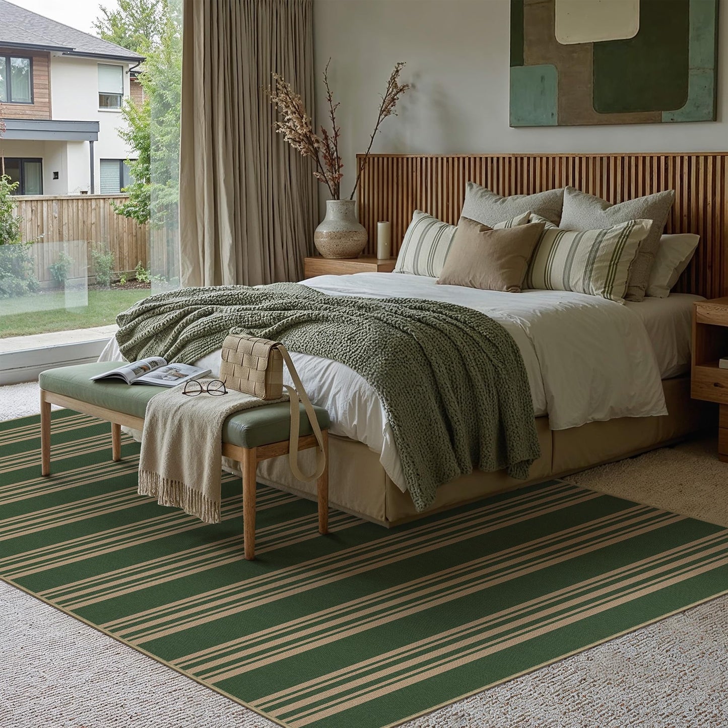 PureCozy Striped Easy Jute Rug 5x7 Green Living Room Carpet Washable Non Slip Bedroom Office Rug Farmhouse Neutral Non Shedding Indoor Outdoor Large Carpet for Kitchen Dining Room