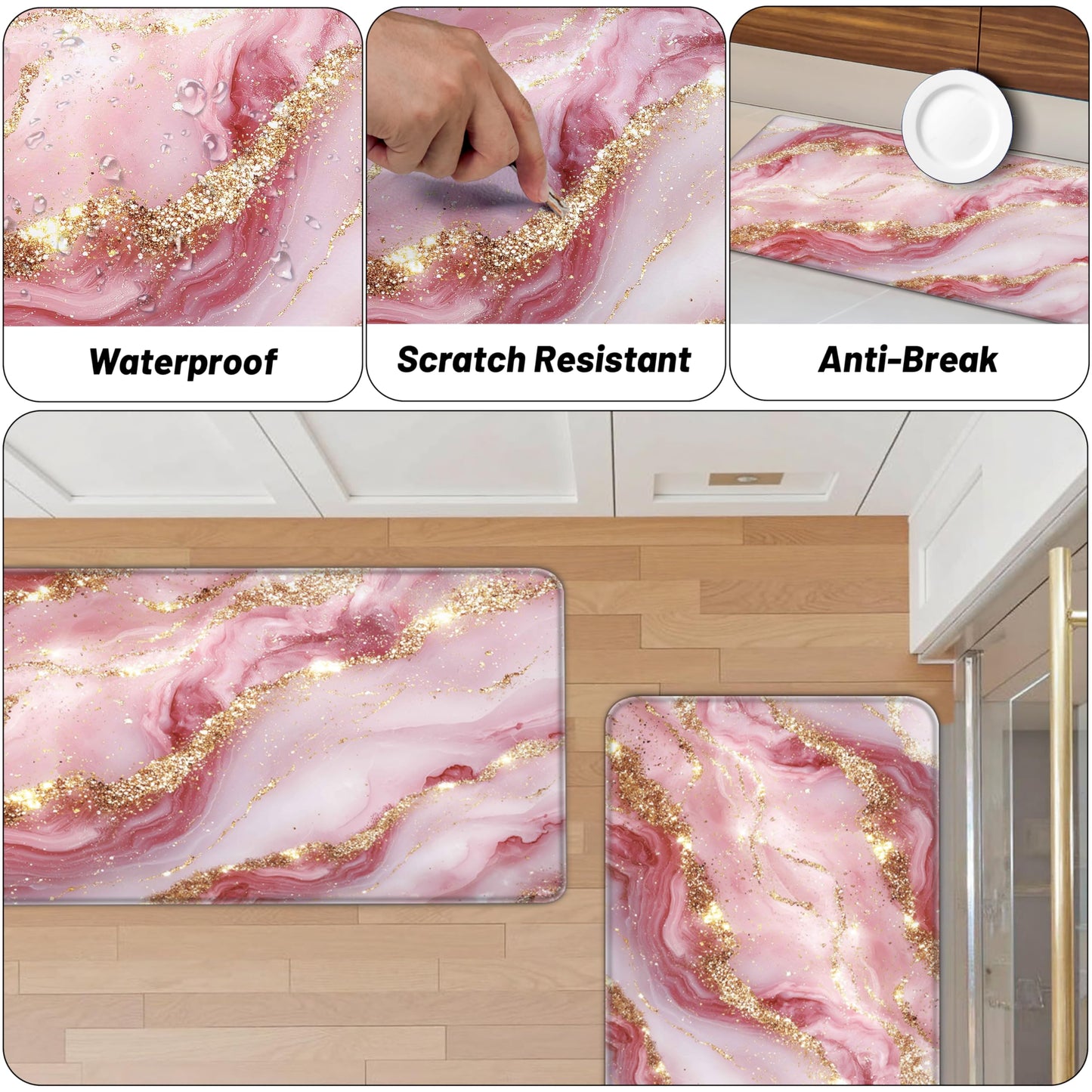 Tyrot Gold Pink Kitchen Mats for Floor 2 Pcs Modern Marble Anti Fatigue Mats for Kitchen Floor Mat PVC Non Slip Waterproof Kitchen Rugs for Kitchen Floor Sink Office Laundry 17.3"X28"+17.3"X47"