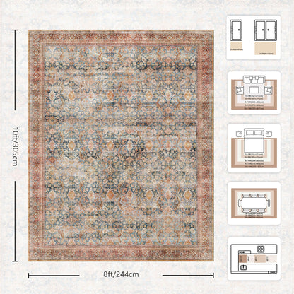 Yarooge 8x10 Area Rugs for Living Room - Washable Vintage Retro Large Rug, Soft Ultra Thin Non Slip Low Pile Traditional Distressed Boho Carpet for Bedroom Dining Room Home Office, Rust Clay