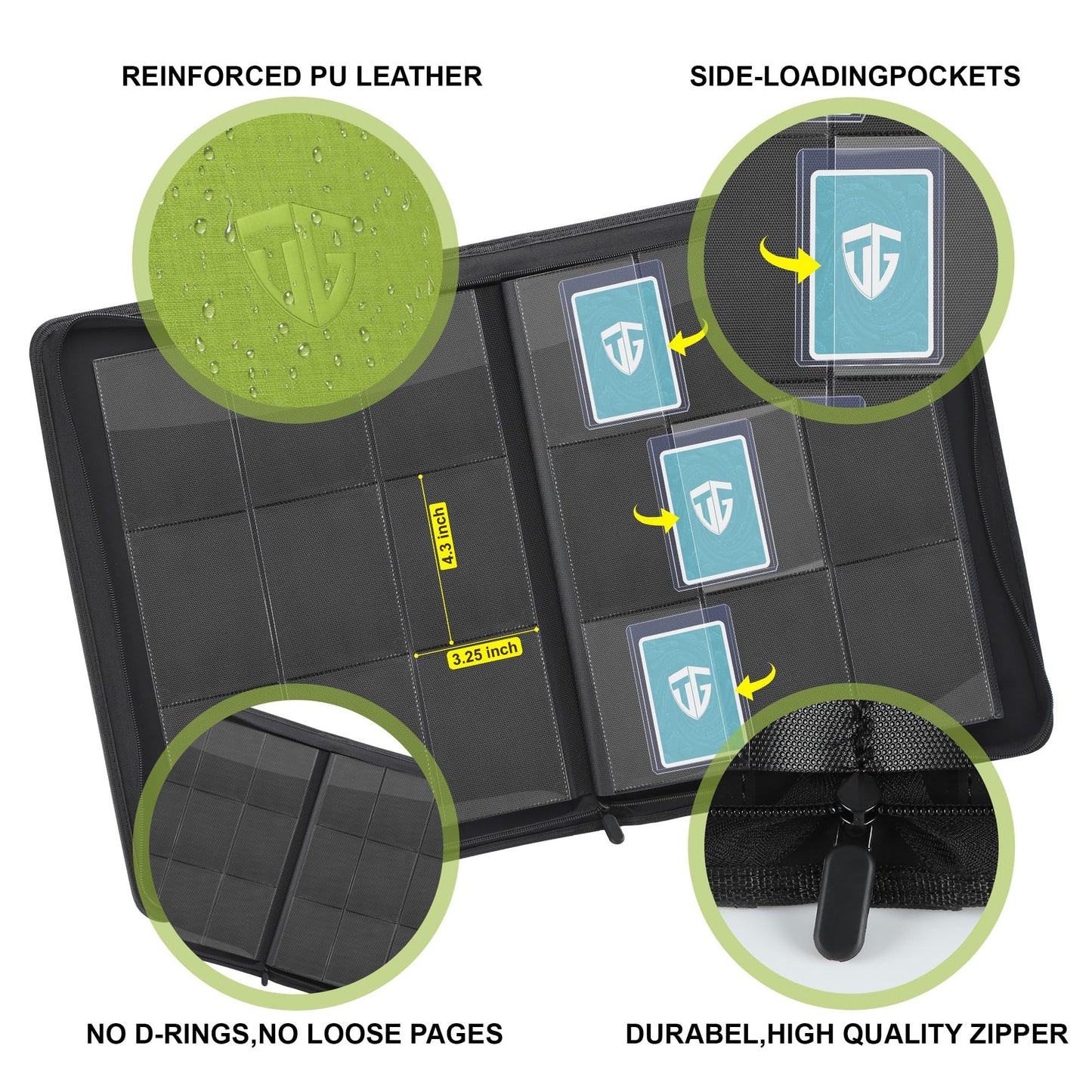 TCGUARD Toploader Binder,Holds 216 Toploaders,9 Pocket Top Loader Binder with Sleeves for 3"x4" Rigid Toploaders Hard Cases,Top loader Binders for TCG, MTG Card Binder, Trading Cards Binder (Green)