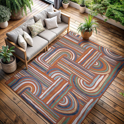 CAMILSON Indoor Outdoor Rug, Orange 5x7 Geometric Arch Striped Area Rugs for Patio and Home Areas, Easy-Cleaning Non-Shedding Living Room, Garden and Deck Washable Outside Carpet (5 x 7)