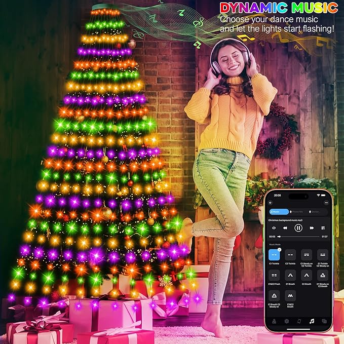 30+ Modes Ring Christmas Tree Lights Indoor Outdoor - 7.05Ft x 12 Lines 312 LED Easy App Control Color Changing Timer Remote Waterproof for 6 7 Ft Xmas Trees (Warm White to Multicolor)