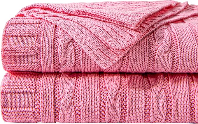 NTBAY 100% Pure Cotton Oversize (60x80) Cable Knit Throw Blanket, Super Soft Warm Knitted Throw Blanket for Bed, Sofa, Chair, Couch - Extra Cozy, Machine Washable, Comfortable Home Decor, Pink