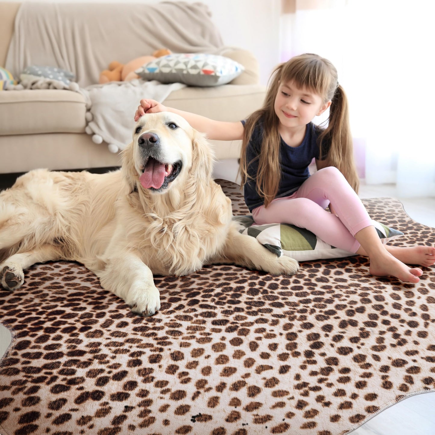 WARM HAVEN Leopard Print Rug, Cowhide 4.6x5.2 Feet Cheetah Print Faux Animal Skin Rug Cow Hide for Bedroom Animal Hide Cow Shaped Antelope Multicolor