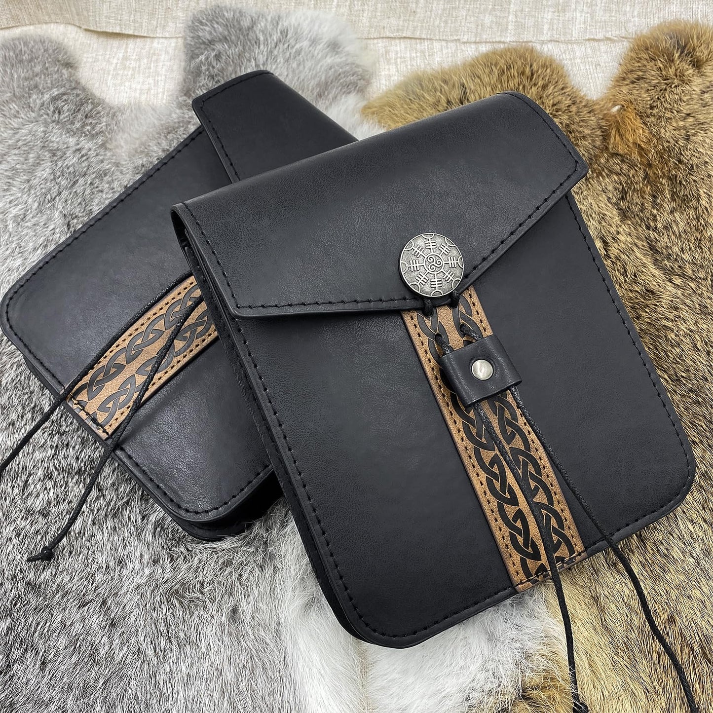 HiiFeuer Vintage Medieval Faux Leather Belt Bag, Retro Middle Ages Belt Pouch Waist bag, Portable Side Pack For LARP Ren Faire (Black A)