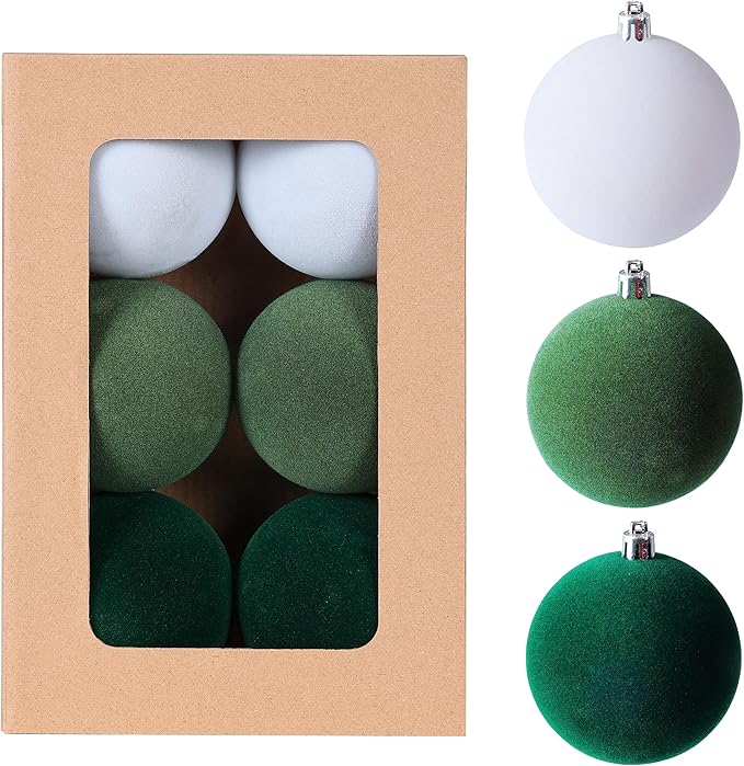 Amooca 3.15in Large Christmas Balls Ornaments Flocking Xmas Tree Hanging Decoration New Year Holiday Party Baubles 6pc Set White Green